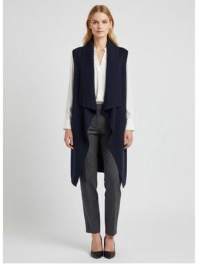 Donna Karan Pure Cashmere Waterfall Sleeveless Vest Cardigan Size Small Navy